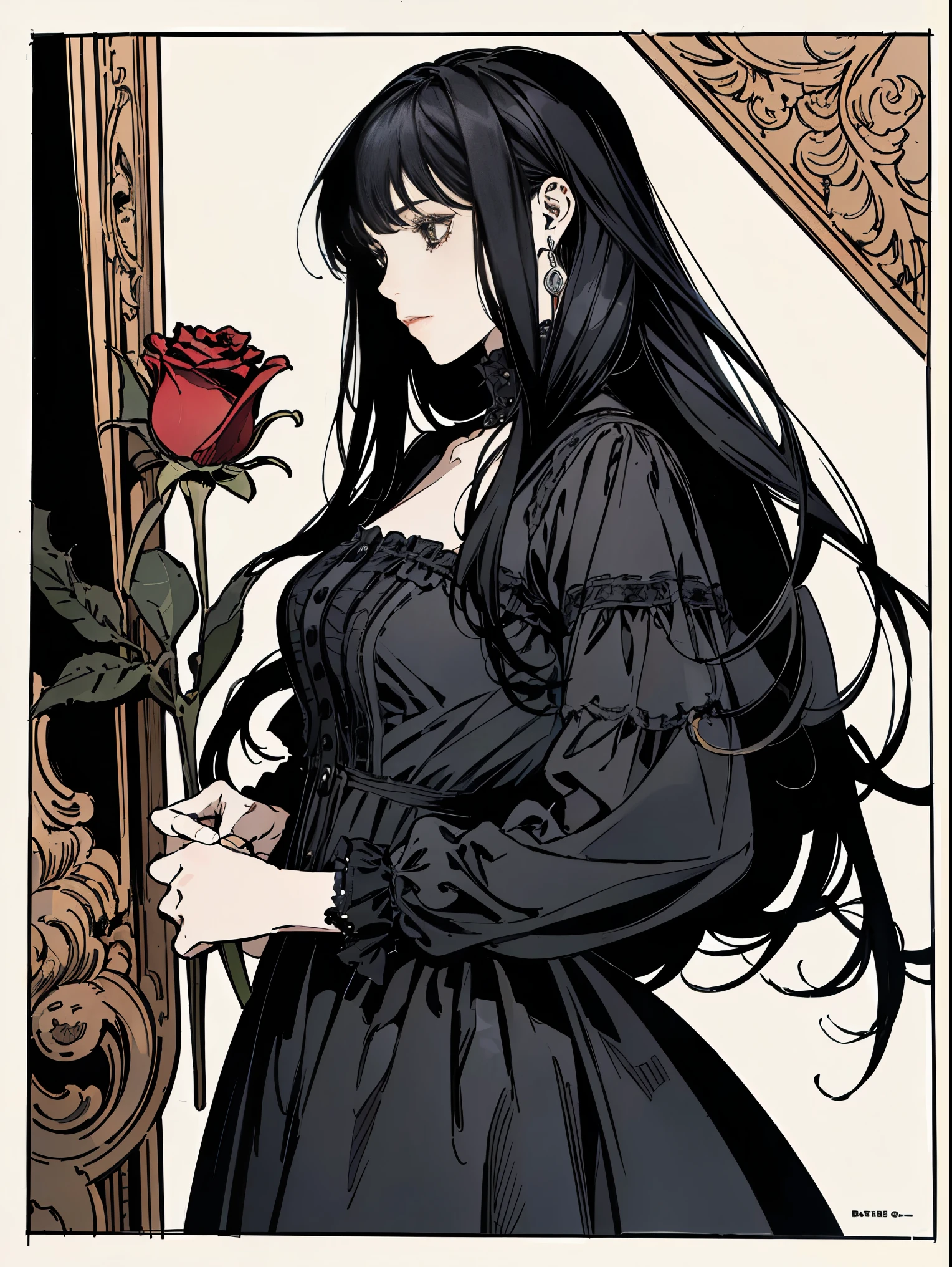 ( gothic punk_Dark Fantasy:1.2)、(Best Quality,masutepiece:1.2),(Anime style,Comic Noir Style:1.1),1girl,solo,bangs,(black gothic dress:1.2),(flowing straight long hair_black hair:1.2)。I have a red rose in my hand