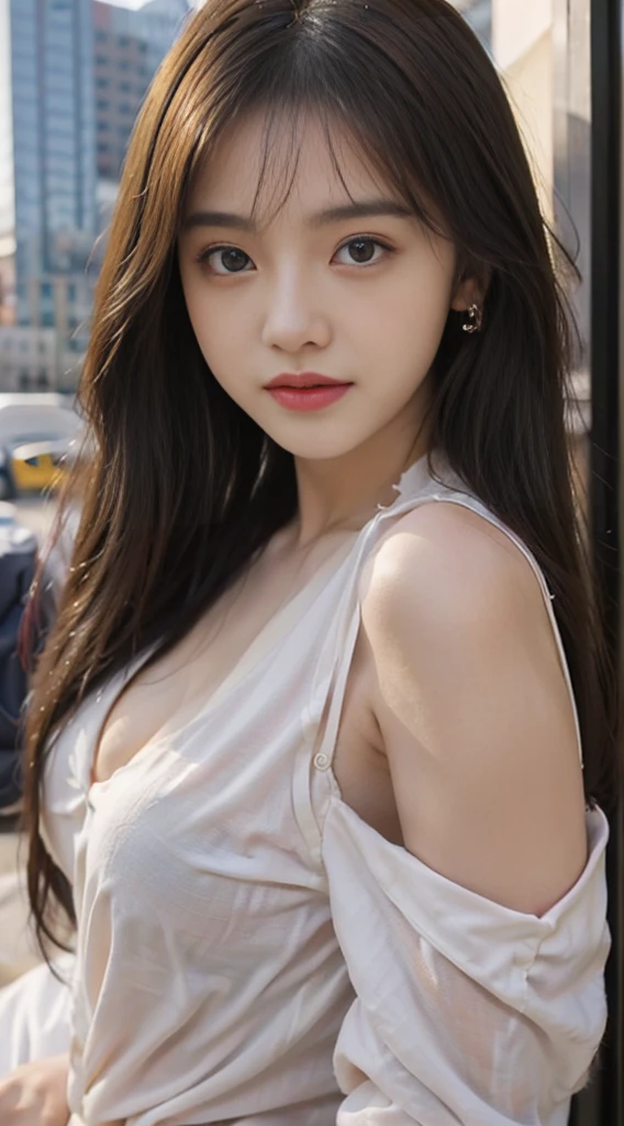 A perfect young female white-collar worker,Chinese,High picture quality,Works of masters,Black hair,Long hair flowing over the shoulders,Blured background,outside, deep shadow, Real Human,CG rendering,16k,Stand up,Empty interior,Do not show your hands,Close-up shot