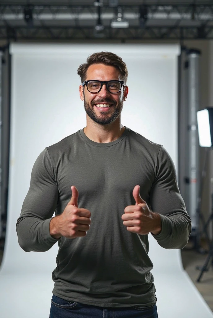 A white man with glasses, almond eyes, brown hair, and very big muscles is giving a thumbs up.