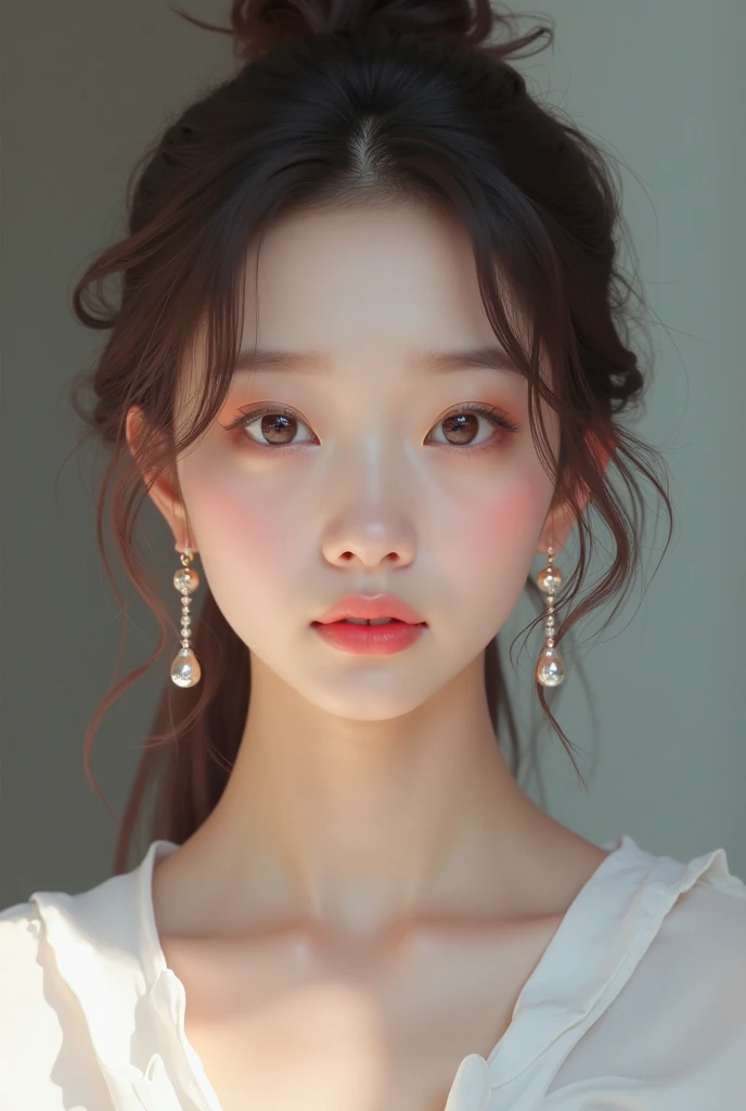 close-up of a woman in a white top and earrings,  soft portrait shot 8k , inspired by Yanjun Cheng, realistic digital painting, [  4k photorealism  ]!!, realistic. Chen Y, [  4k photorealism  ]!!!,  8k Digital Painting , 8 k realistic digital art,  8k portrait render , photorealistic digital painting, kawaii realistic portrait
