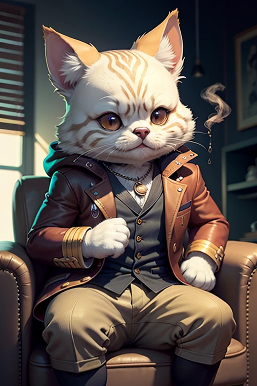 Villain's Manga Cat, Villain Laughter、Godfather Style、sit in a luxurious chair、Wear a gorgeous coat、take a cigar、Put a Chihuahua on your lap and stroke it、Wine on the table 、Cute Bad Translation、masterpiece, Ultra High Definition, 16k