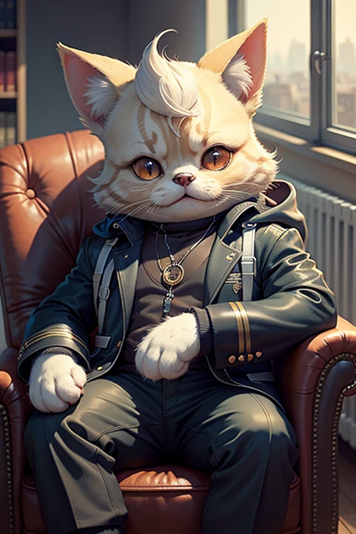 Villain's Manga Cat, Villain Laughter、Godfather Style、sit in a luxurious chair、Wear a gorgeous coat、take a cigar、Put a Chihuahua on your lap and stroke it、Wine on the table 、Cute Bad Translation、masterpiece, Ultra High Definition, 16k