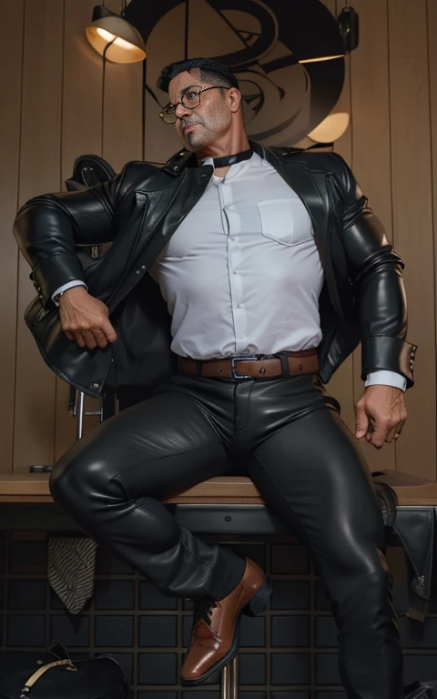 An award-winning original photo，A wild muscular man, (40 years old daddy:1.3), 1boy, Solo, (tidy white dress shirt), (black trouser), underbelly naked, a black pissovers, wears any shoes, black hair, (big shoulders), musculature, stubbles, Short beard, Beautiful eyes:1.3, ), (Detailed face:1.3), wearing glasses, smiles,  black suit socks, sock fetish, focus on socks, very big feet, a black pissover, huge bulge, no shoes allowed, (looking his bulge), Dynamic Angle, volumetric lighting, (Best quality, A high resolution, Photorealistic), Cinematic lighting, Masterpiece, RAW photo, Intricate details, hdr, depth of field, full body shot, showing feet to the camera, jerking, erected big penis