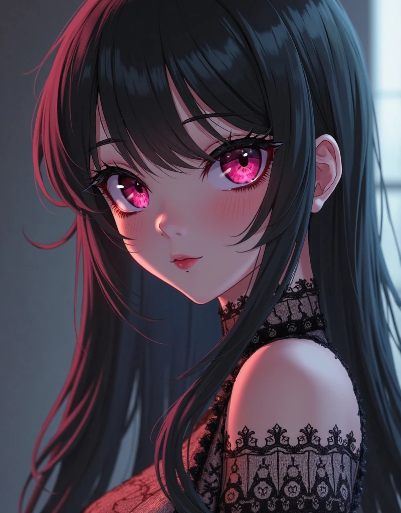 A cute sad vampire girl (Vietnamese, age 25, waif, waist length hair, violet eyes), sheer outfit, sultry pose, she just wants to drink viewers blood, why so shy?