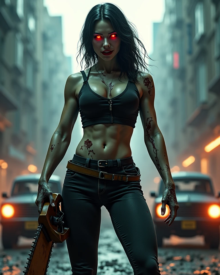 Girl with dark hair, against the backdrop of a destroyed city at night, Face with freckles, Plump lips, magnificent bust, Topic with a deep neckline, leather shorts, cyberpunk style, fantasy, post apocalypse, art style, More realism, realistic style, more high-tech details in clothing, cinematic quality, katana sword on your back, stands in half a turn, sunset.