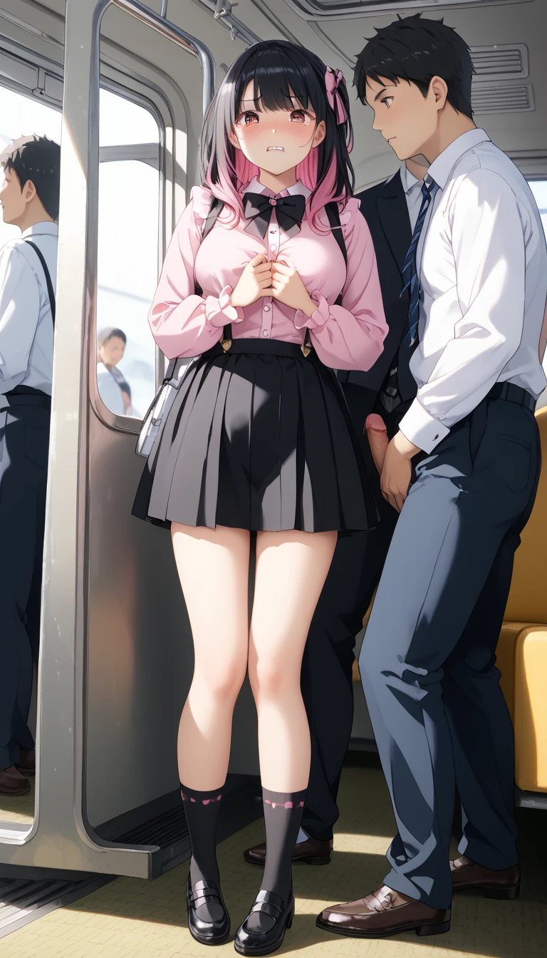 summer、Take the train、thick、Sweat、high school girl、summer服のセーラー服、、Low length、(((((Eyes hidden by long bangs)))))、(((長いBlack Hair:1.2)))(((Black-rimmed glasses)))、Strong sunlight、thicksummerの昼間、on the train、Train seat、Look at this、Front view、Full Body Shot、Mini Pleated Skirt、Black Hair、Sit with your legs apart、Showing her boobs、Open shirt、Grit your teeth、シャツを持ち上げShowing her 、Nipple massage、Touching the nipples、Small 、crowded train