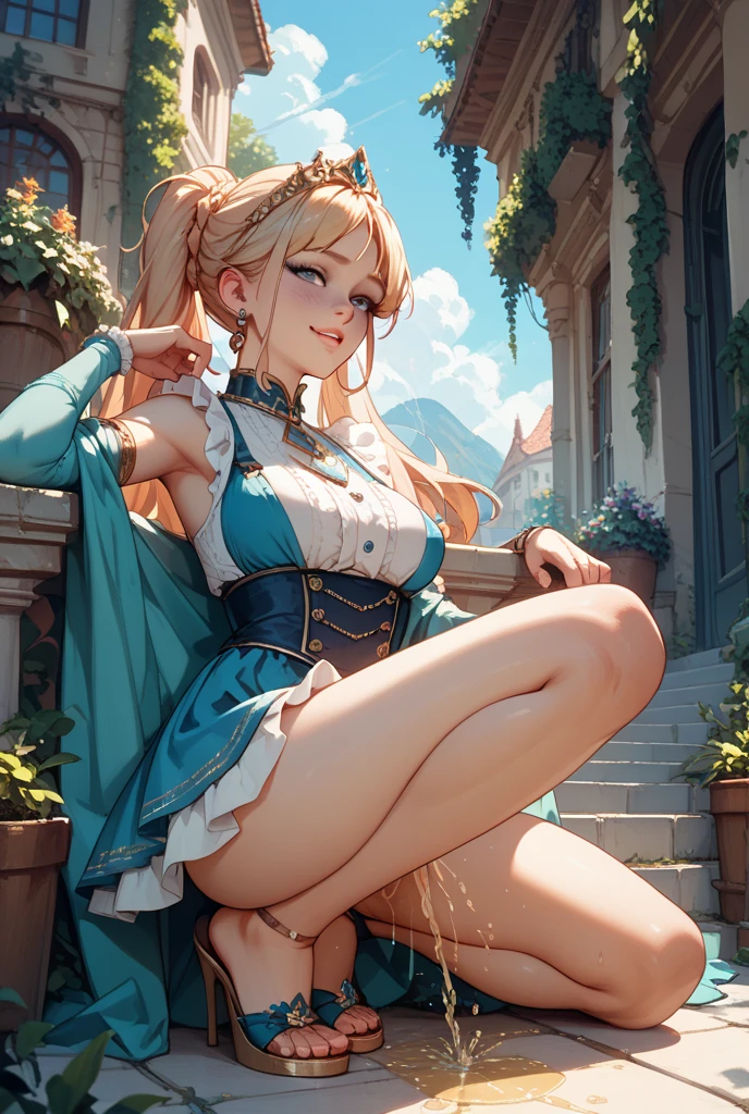 Texture CG,((Ultra Detail Art)),((master piece)),(extremely details CG),1girl,solo,ragnarokarch,nsfw,(open legs with standing pose),gal,gyaru,beautiful breasts,slim body,slim legs,collarbones,slim and smooth lines,slim waist,small butt,(nipple erection:1.3),(from below:1.3),(wind lift:2.0),((miniature microbikini,tiny microbikini,white microbikini,pussy peek,clitoris slip,clitoris erection,microbikini wedged in vulva)),(((White Puff Sleeves))),white thigh thighs,Gold Sash,White blue dress from neck to chest,cleavage deep cutout,Long blue skirt with very high slit,(((thigh high length and very narrow width pelvic curtain))),((Blue Wide Sleeve),(Blue Dress thigh high length and very narrow width Front)),long hair,blonde hair,silver hair,brown hair,Curve,Beautiful detailed eyes ,gleaming skin,open mouth,smile,outsides,clear sky,in summer,windy,garden,