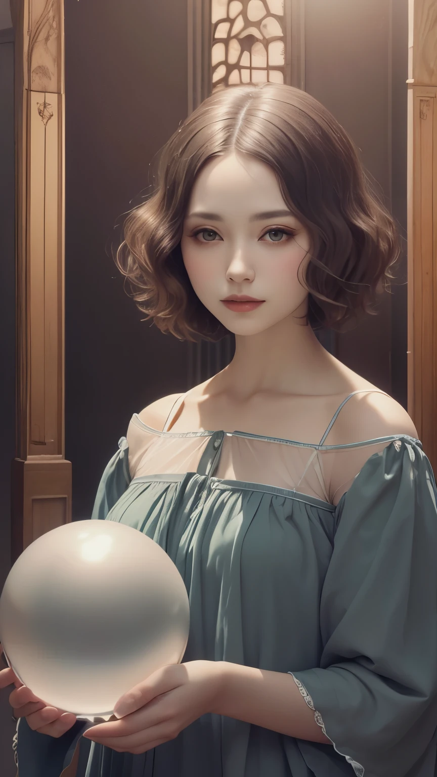 383 (20 year old woman),(short hair),(gentle smile),(high quality photos),( cinematic pictures playing on the lawn ),(colorful),(Crystal Ball),((contrast between light and shade)) ,(Da Vinci )