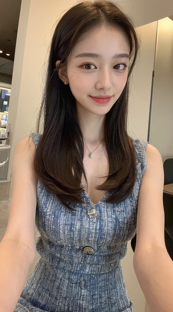 ((Best Quality, 8K, Masterpiece: 1.3)), 1 Girl, Slim Abs Beauty: 1.3, (Hairstyle Brown Hair Shortcut, Big: 1.2), Dress: 1.1, Super Slender Face, Delicate Eyes, Double Eyelids, Smile, Home, Raw Photo