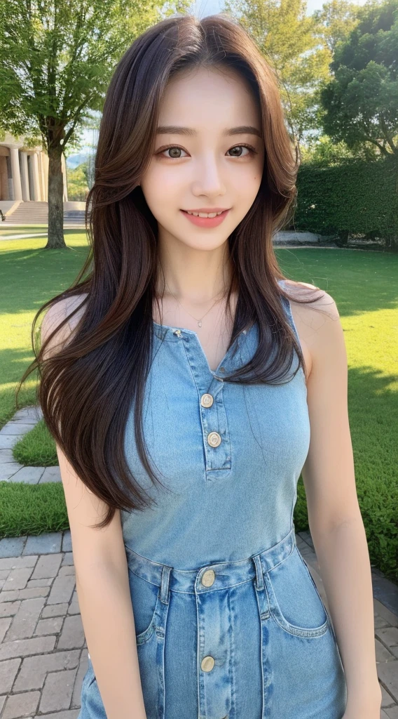Tabletop, Highest quality, shape, Very detailed, finely, High resolution, 8k wallpaper, 完璧なダイナミックな構shape, Beautiful and exquisite, Nice spring clothes,Beautiful straight hair,Small breasts,Natural color lip, 20-year-old girl、cute、Always blur the background,Perfect and beautiful face,Beautiful and dense face、Slim face and figure,Big eyes、Putting on gal makeup,Actual Photos（Best image quality）、Sexy Face、Fashion model posing、Full Body Shot、smile、Change pose randomly、Randomly change the shooting angle and position、Summer Fashion、Looking up at the sky