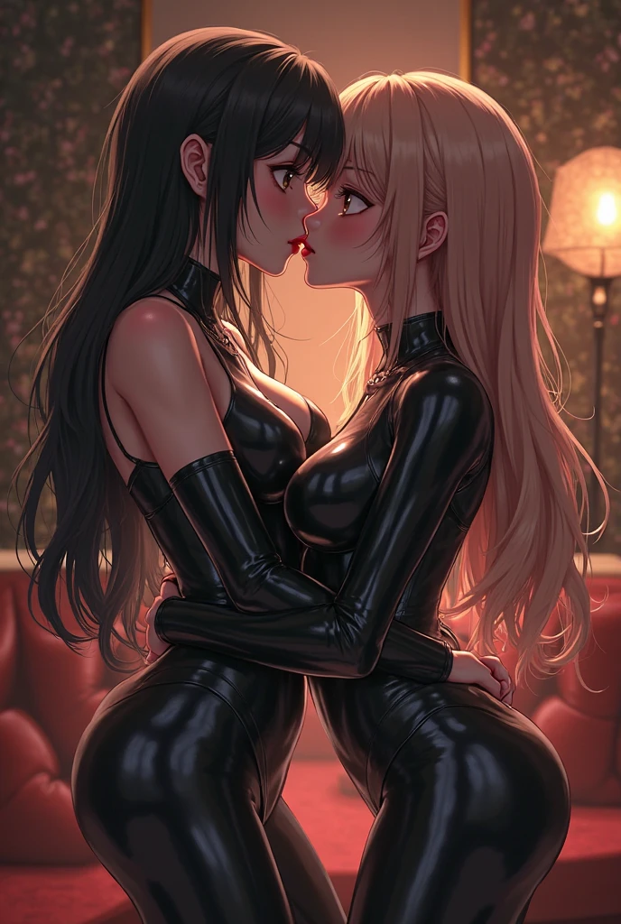Highest quality,Highest Resolution,A beautiful black-haired girl with beautiful eyes in a maid leotard and a beautiful purple-haired girl with beautiful red eyes in a gothic ta leotard are having sex in the sitting position,kiss,saliva,Halo,