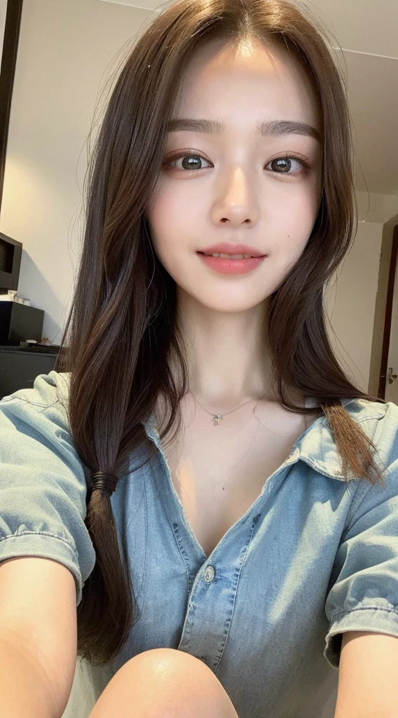 ((Highest quality, 8k, masterpiece: 1.3)), One girl, The beauty of slim abs: 1.3, (Hairstyle Casual, Big Breasts: 1.2), White T-shirt: 1.1, Very beautiful face, Delicate eyes, double eyelid, smile, Home, Cowboy Shot