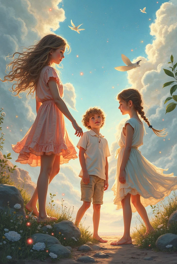 Girl and a boy in the sea with adults angry
angels in the sky