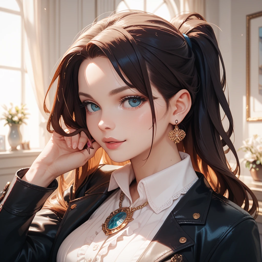 A flirtatious, provocative smile,One female、Beautiful light brown hair,tattoo、Rock T-shirt,Ripped jeans,slenderbody,Live Studio,Ultra-high resolution, Accurate, Super detailed, Textured skin, High detail, highest quality, 8k, Detailed Hair,Detailed eyes,Focus on the face,Depict the figure from the waist up,rockstyle,Bitch,