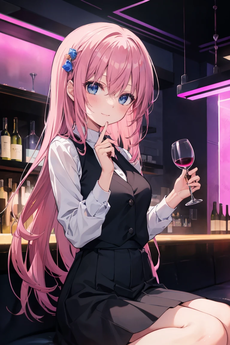 alone, One girl, Anya Forger/(Spy x Family/), masterpiece, Highest quality, so beautiful, slim, Absurd, Pink Hair, Green Eyes, Long Hair, Black Dress, Collared shirt, smile, View your viewers, From the side, Sitting, wine glass, Have, machine, bar counter, Hair ornament escalator,summary,Carboy Shot,From the side,so beautiful,masterpiece,Highest quality,Official Art,
