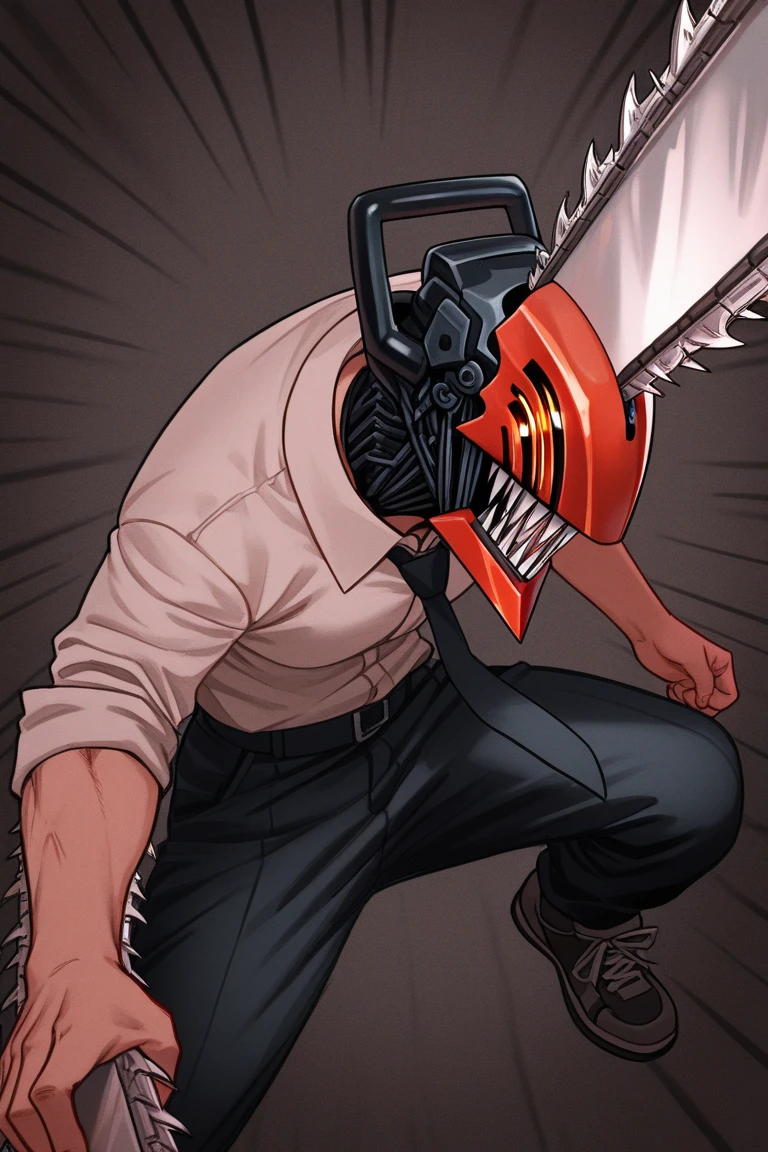 (masterpiece, best quality:1.2), cowboy shot, solo, male focus, 1boy, chainsaw man, chainsaw, sharp teeth, open mouth, tongue, collared shirt, black necktie, sleeves rolled up, black pants, belt