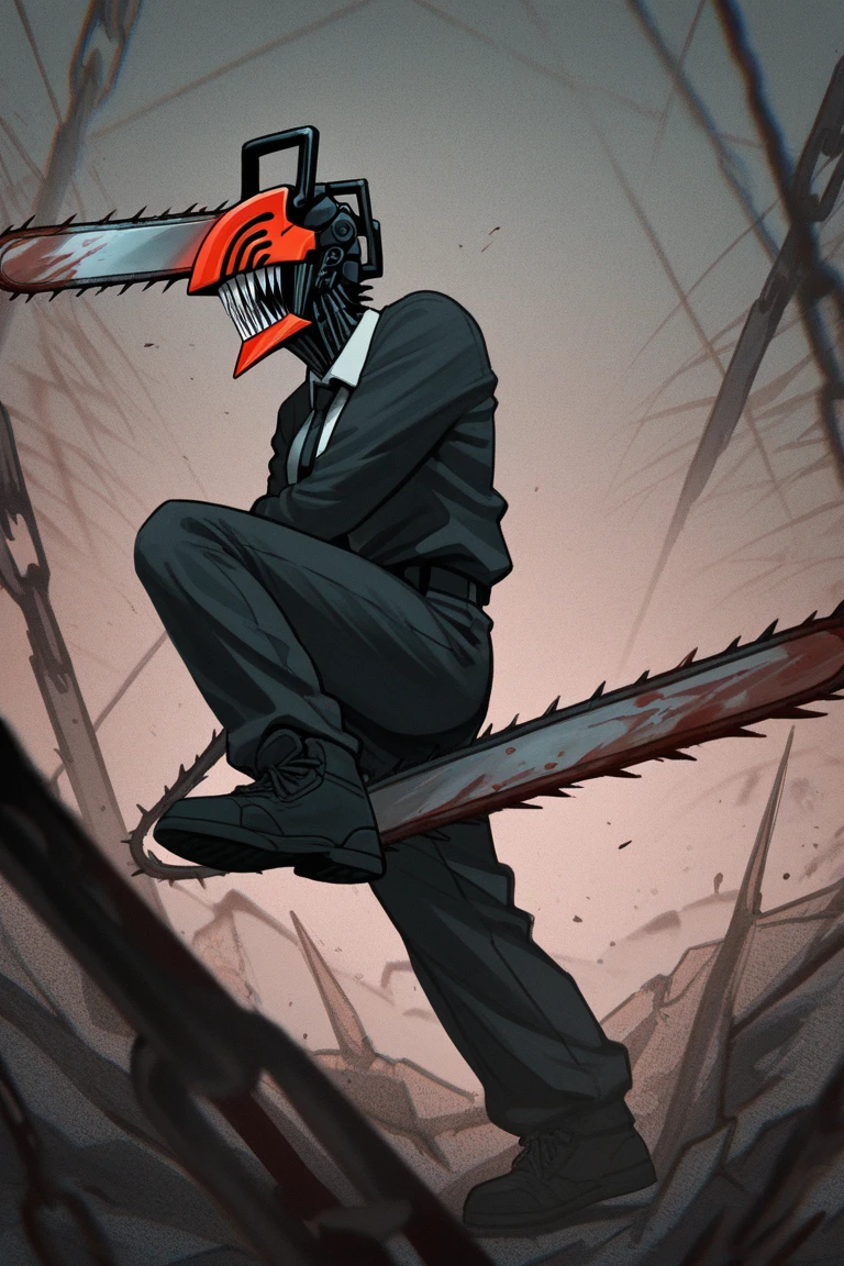 masterpiece, best quality, highres, monster boy, djb, sharp teeth, chainsaw, blood on clothes, blood on weapon, collared shirt, black pants, tongue out,