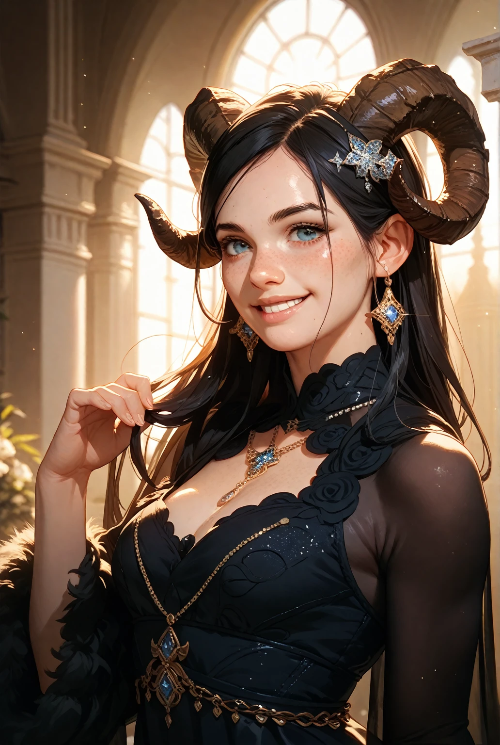 (best quality, 4k, 8k, highres, masterpiece:1.2),ultra-detailed,detailed face,realistic,Lotan beautiful caucasian woman with straight long black hair,blue eyes,flustered expression,very long hair,colored inner hair,fair skin,voluptuous,detailed lips and eyes,expressive face,attractive appearance,dragon horns on the head,Dance of a fire nymph, flames in rhythmic motion, vivaciously radiant, magical fire-lit realm, warm, flickering firelight, joyfully energetic, crafted in the style of Brian Froud, digital fantasy art, vibrant colors,
BREAK detailed perfect fingers, perfect fingers, detailed perfect hands, perfect hands, detailed perfect face, perfect face, happy, smile, open mouth, tall female