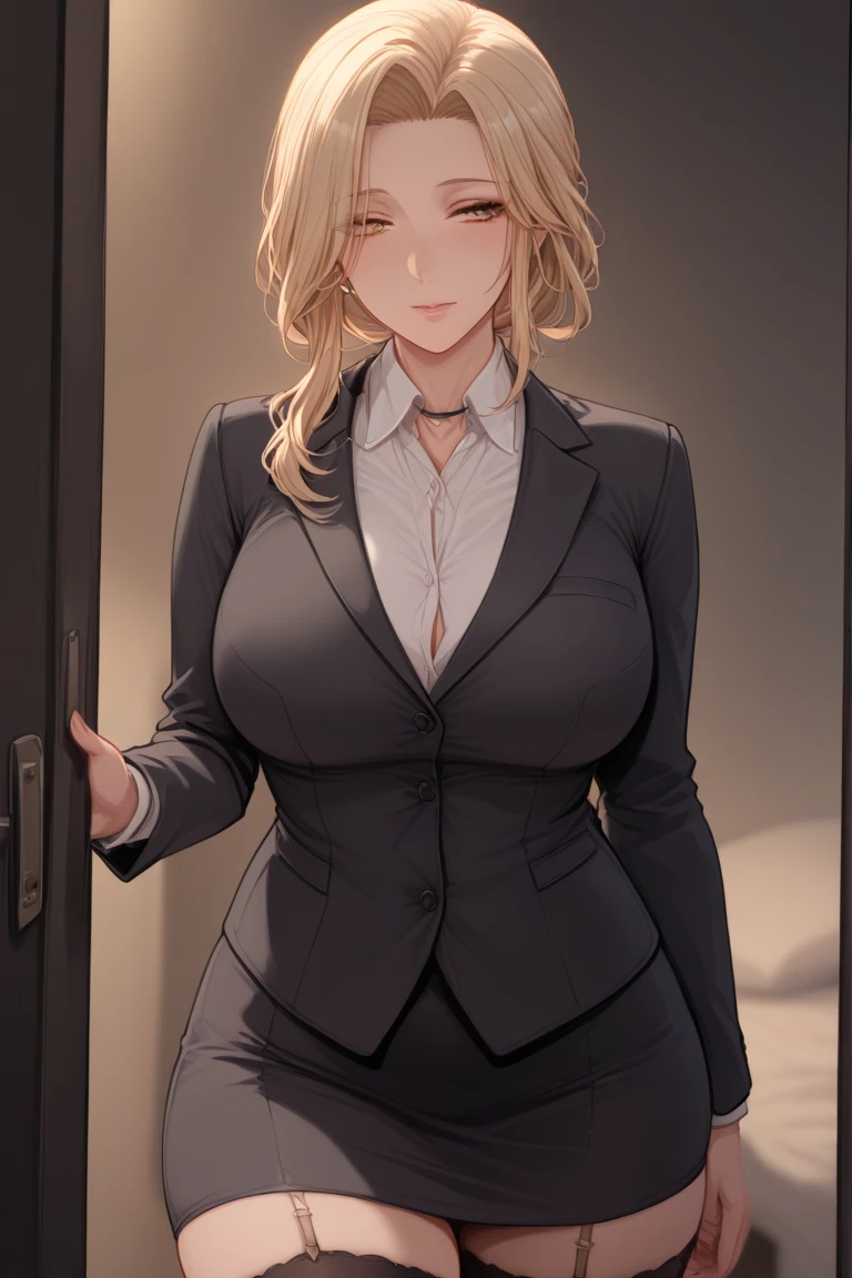Reica, wearing a grey office suit, skirt, high quality,4k, medium size breasts,