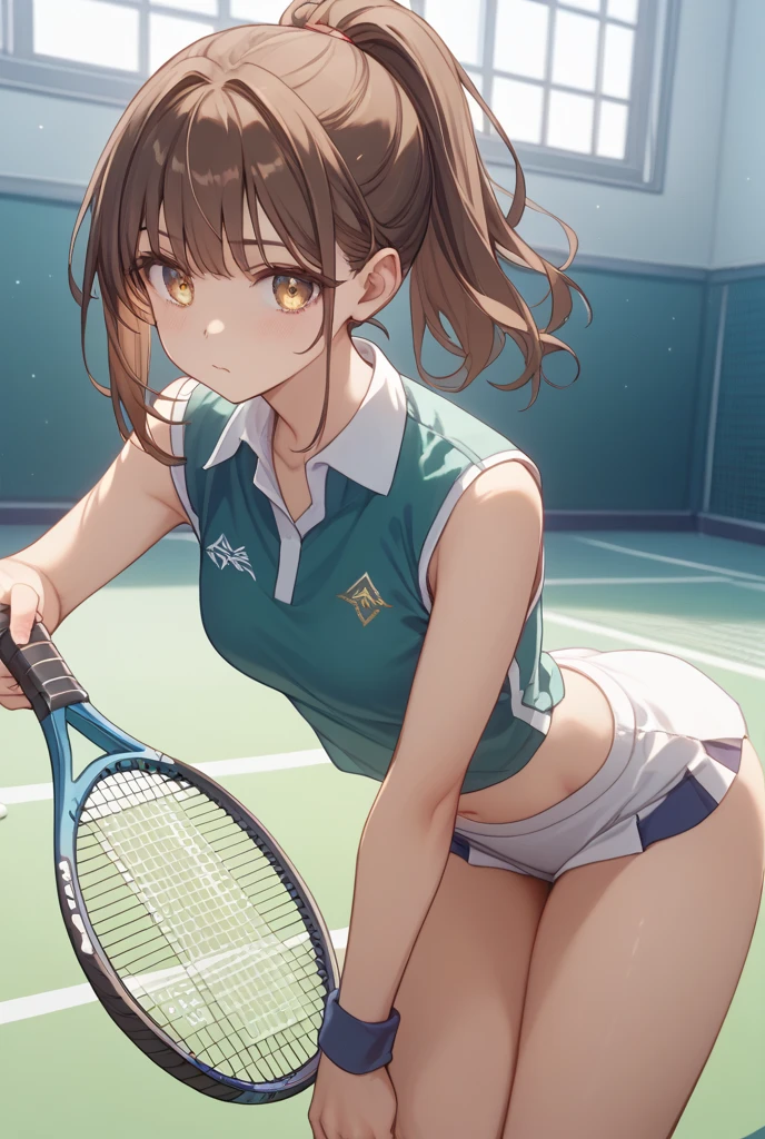 girl with、alone、large full breasts、Sharp body、Detailed eyes、poneyTail、Tennis Wear、a miniskirt、A slender、Smooth thighs、abdominals、white clothes、A detailed face、Delicate skin、delicate hair、hightquality、realisitic、black panties、lawn、Dripping sweat