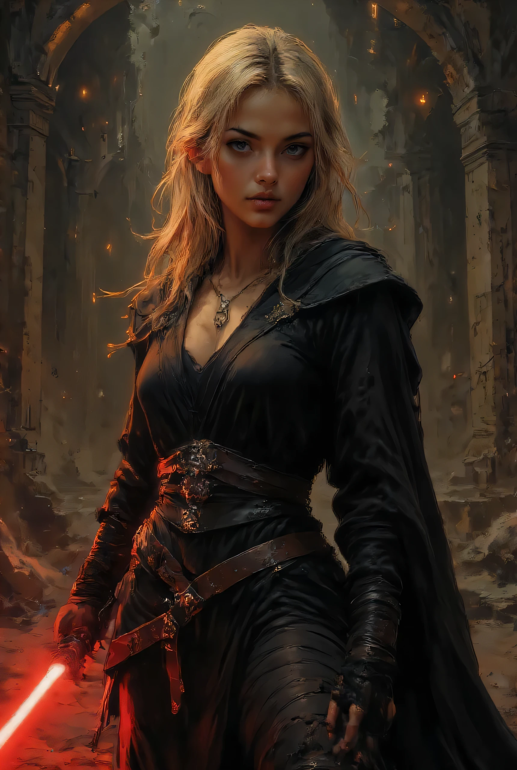 Score_9, score_8_up, score_7_up, ((highest quality)), ((masterpiece)), (be familiar with), Perfect Face, (High definition), (Best Shadow), 8k, cinematic. Comic sex art, Luis Royo's style, A striking scene with a stunning long blonde hair, sexy woman posing confidently in a dramatic setting. Her outfit consists of a black Sith-style robe, with a detailed leather belt featuring intricate designs. She is holding a glowing red lightsaber, illuminating the surroundings with a warm light. A pendant hangs around her neck, complementing the overall theme. The backdrop is a dimly lit, mysterious environment with abstract structures and dim lighting that adds intrigue. The lighting casts soft shadows, creating a captivating and intense atmosphere.