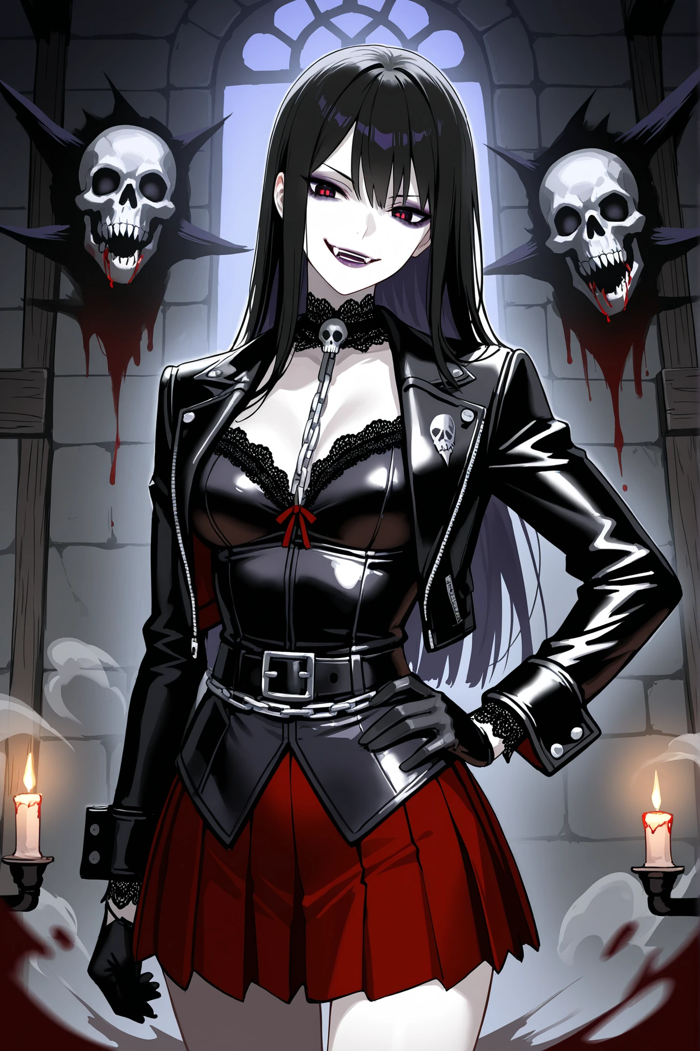 slender with firm medium breasts upper body female, tight charcoal-black leather jacket hugging torso with metal skull charms on lapels and cuffs, deep blood-red pleated mini skirt matching original silhouette with distressed edges, no thigh-high socks or hat, instead black Victorian lace ribbons coiled from ankles to mid-thigh with tiny skull embroidery, slim leather belt with silver skull buckle, long black leather gloves with red-stitched seams like dripping blood, long straight jet-black hair, pale porcelain skin, dark purple smoky eyeshadow, deep crimson lips, narrow red pupils, long sharp canine fangs in a sinister smirk, front view standing pose, upright commanding posture, shoulders squared, hand on hip, head tilted forward locking intense gaze, haunted gothic mansion interior with crumbling stone walls, peeling wallpaper, rusted chains hanging from rafters, black mist and ghostly silhouettes, dust-covered furniture, decayed wood beams, flickering candlelight casting eerie shadows