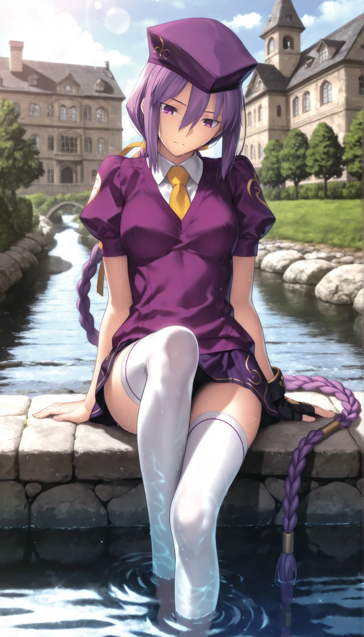 masterpiece, , absurdres, highres, detailed background, high resolution, masterpiece, necessary, detail, best quality, quality, necessary, details, High details, Precise, dark, outdoors, (mansion, ,river), lens flare, blurry background, (in water) ,
1girl, Takeuchi Takashi (type-moon,tsukihime) style, takeuchi takashi style,, (aged up:1.5) ,((very long legs, slim legs)),sitting ,
girl, (slender body, slim arms, slim bod), (Sion) Eltnum (Atlasia) ,sion eltnam atlasia,(fate), purple hair , purple eyes, half-closed eyes, tsurime, hair between eyes ,long bang, long hair , braided hair , braided ponytail , yellow ribbon , EltnumOutfit ,small breasts, light purple sweater ,Juliet sleeve sweater , collared undershirt , white undershirt , undershirt , yellow necktie , short sleeve, , dark purple skirt , miniskirt , gold trim , white thighhighs , single glove , fingerless glove , black glove , dark purple beret , ,((head tilt)), looking down , touching leg,