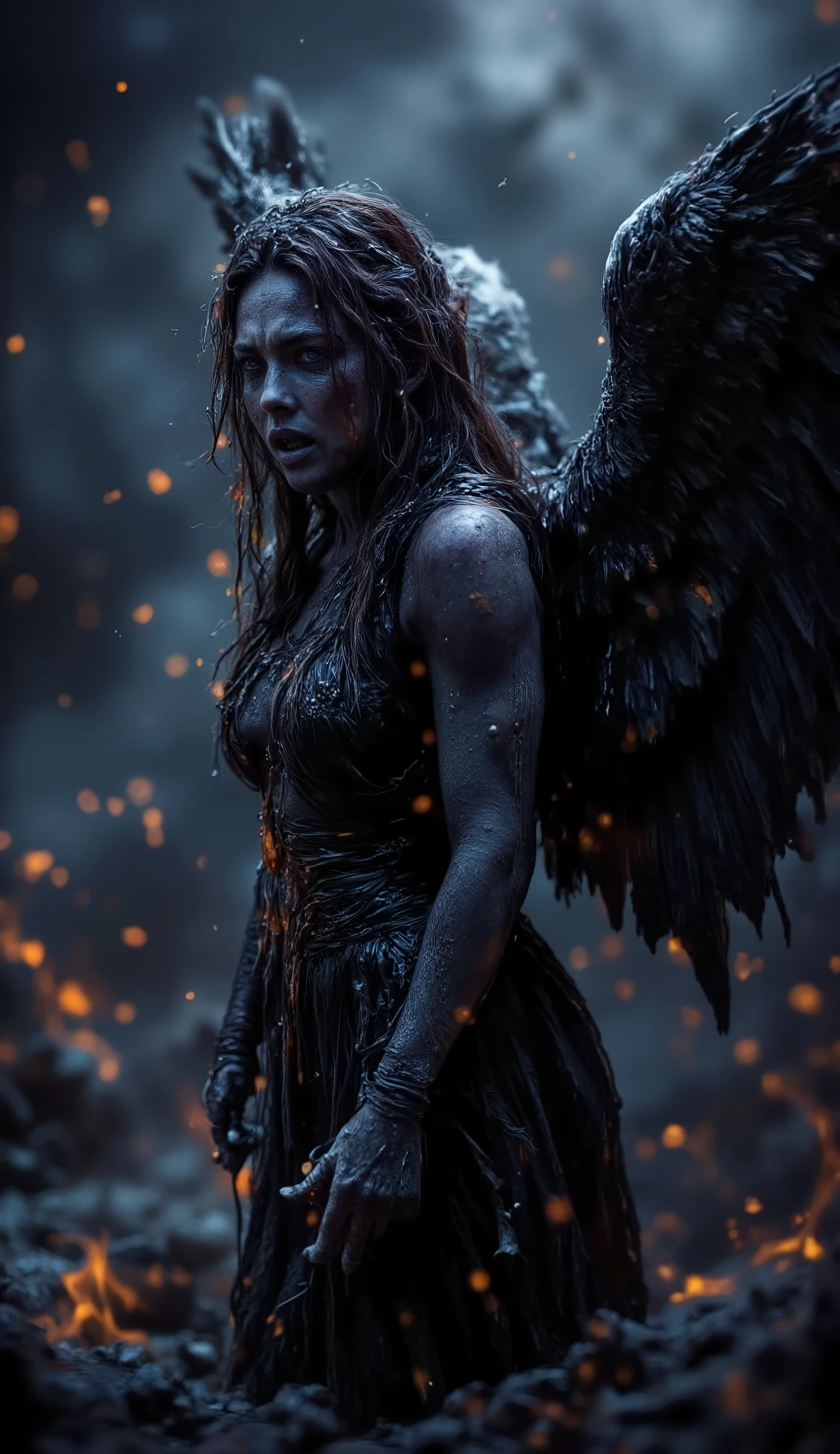Really epic realistic and very low coloured and low contrast photography, 25 years old tall muscle scantily clad sexy angry and furious innocent woman as a angel of darkness with greatest dark angel wings looking into the hell from the left side. Angel has luminous bright skin and warmth of exhalation from nose and little open mouth, goose skin, veils on hand, more sweaty in face and body. Angel wearing a torn ripped and dirty dark semi transparent habitus, realistic bloody slash wounds on a body, in the winter with snow, more fog dust and ashes and volumetric lights, more fires some with raising dark smoke in background, full body, Hasselblad X2D 100C, looking into the lens, in the night and dark open area, come from hell, focus f=4.0, more stars bokeh, distance=25 ft, epic backlight, light from above to down and face. 8k gypsy long hair woman..... --ar 9:16