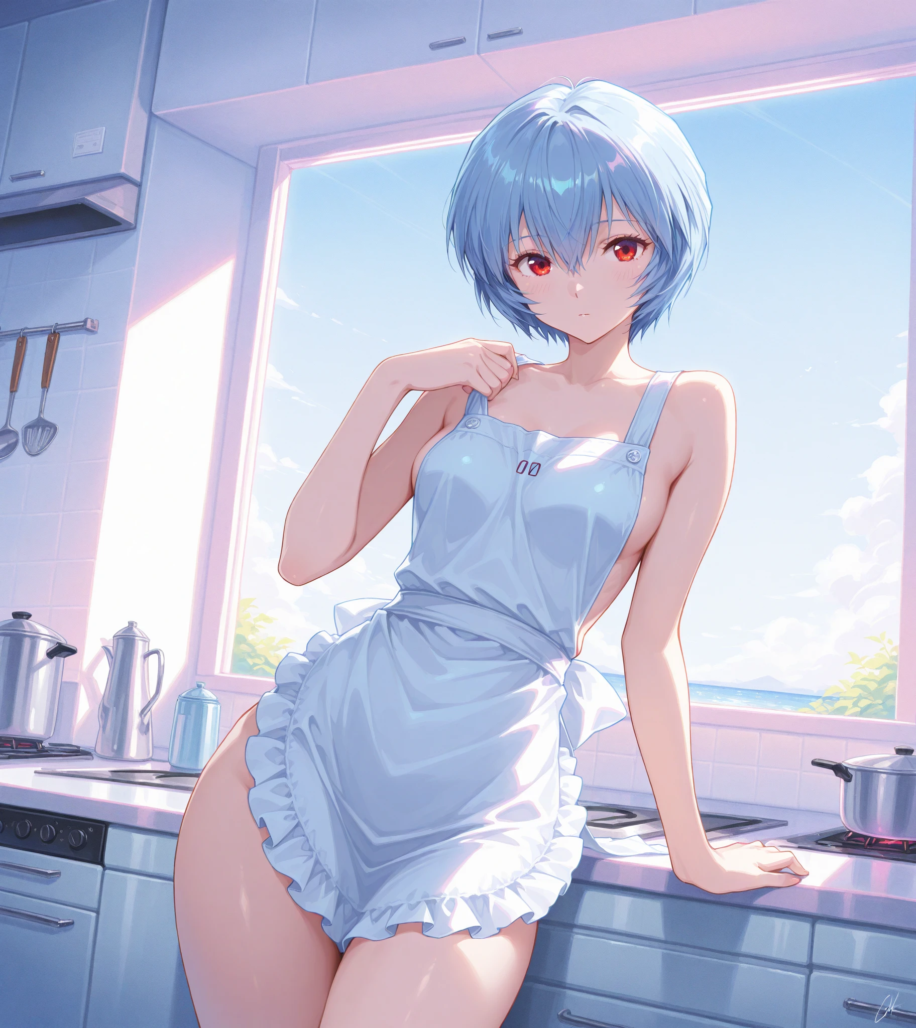 (top-quality、in 8K、32K,), nsfw, (Masterpiece, Slim Body, Delicate Fingers: 1.2), Best Quality, (Illustration: 1.2), (Hyper Detail), Eye Focus, Ultra Detail, (Fine Detail), (Intricate Detail), HDR, (Ultra Detail: 1.15), (Soft Light: 1.2), (1 girls), (naked:1.3), (white apron:1.5), (covering breasts), (small breasts:1.2), cleavage, thighs, cafe background, (blushing:1.3) (White hair and blue highlights),cyan eyes, ager, medium short hair, solo, multicolored hair, ahoge, multicolored eyes, high quality, best quality, full body image,