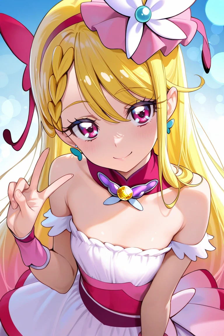 ,Perfect body,Perfect hands,Small breasts,Laughing with your mouth open,blonde,Magical Girl Costume,Simple Background ,hair ornaments,Pink Eyes,Best image quality,highest quality
