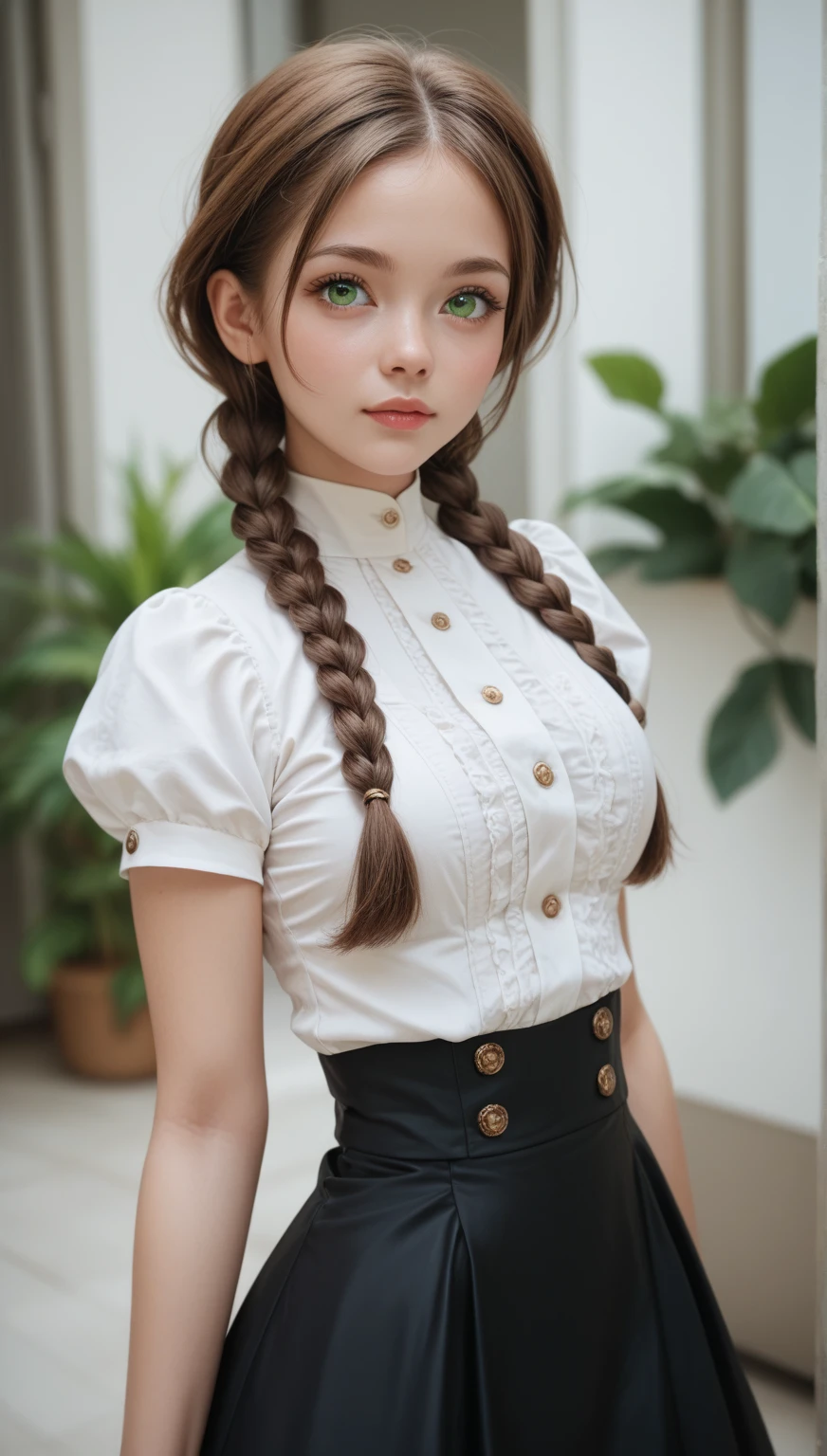 1girl, ginger, freckled face, face freckles, rosy, contemptuous look, athletic body, 1 girl, solo, pigtails haircut,pale skin, (((huge bust))), stand sexy pose, beautiful, ((pleated skirt)), ((black turtleneck)), cold palette, simple background