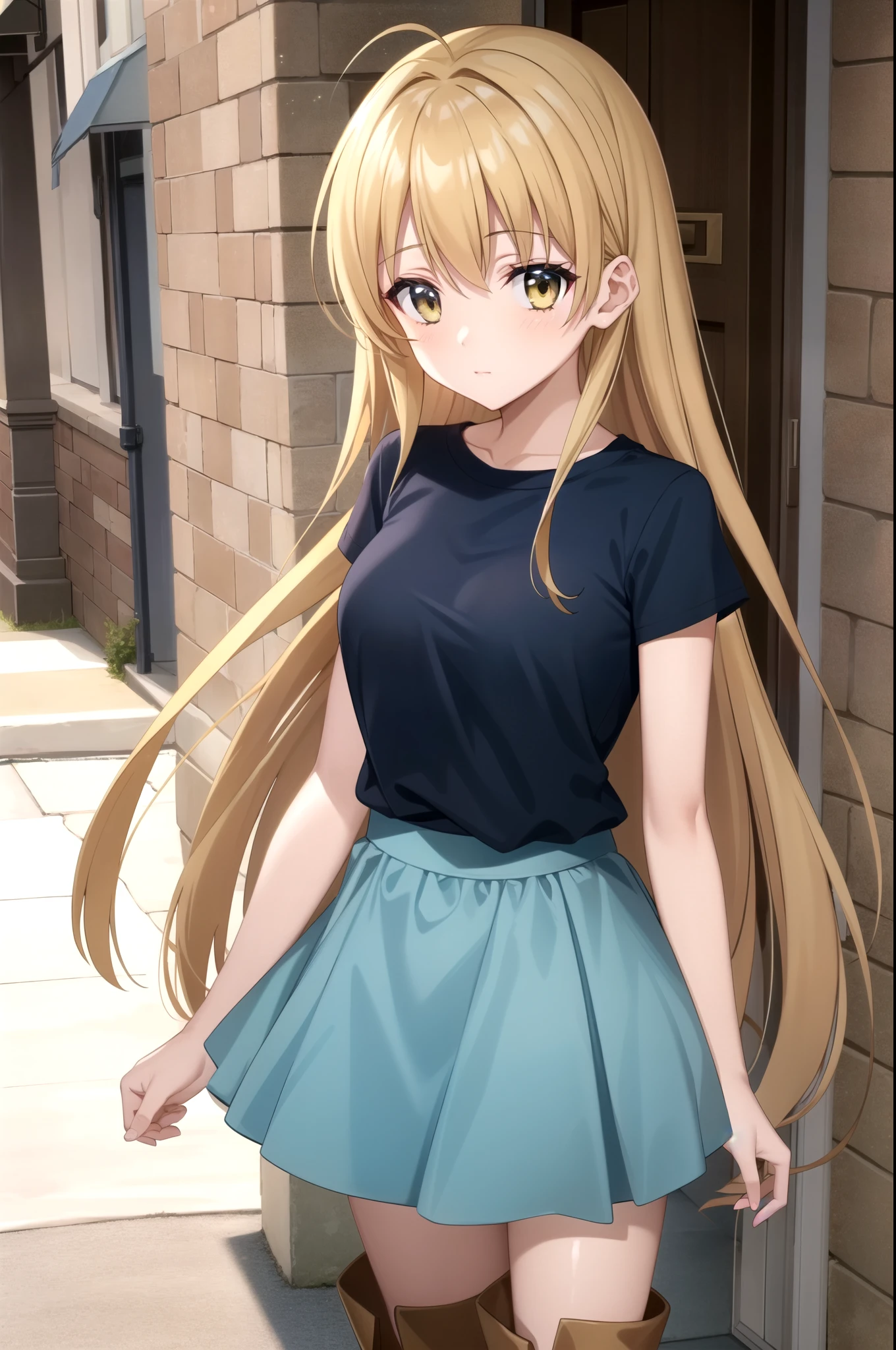1girl, standing (Anatomically Correct body 1.6 ) Blonde anime girl with long hair of (yellow eye Navy blue t-shirt and light blue skirt (color) And brown boots 1.6)