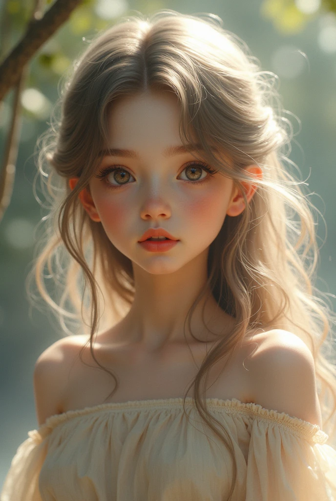 one ,  child, long brown hair, violet eyes, beige dress 