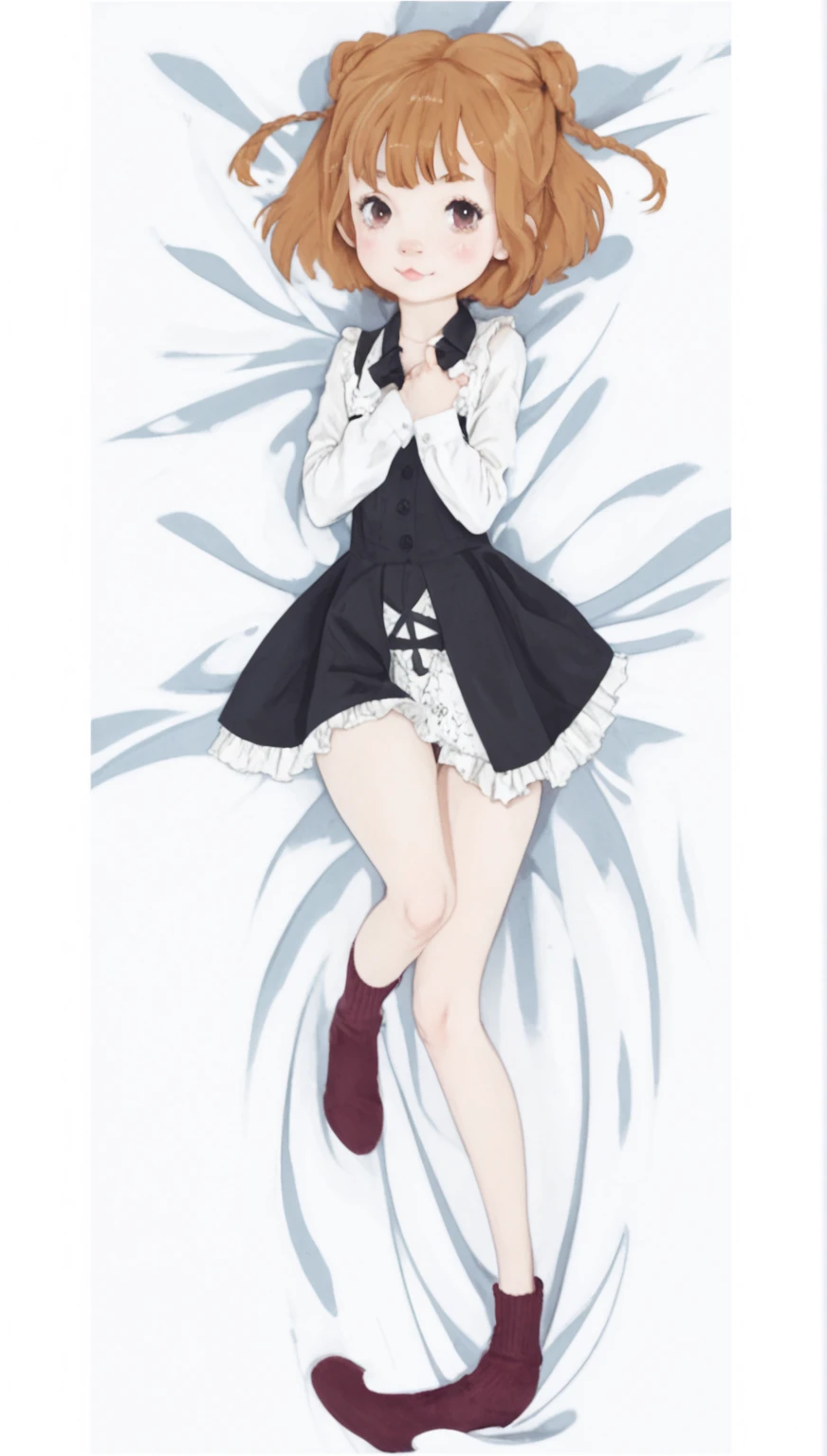 best quality, 1girl, solo, lying at bed, bed, medium hair, black hair, straight hair, looking at viewer, medium breasts,  (prosthetic leg:1.2), full body, smiling, short, black minishort, minishort, top, white top, barefoot. 
