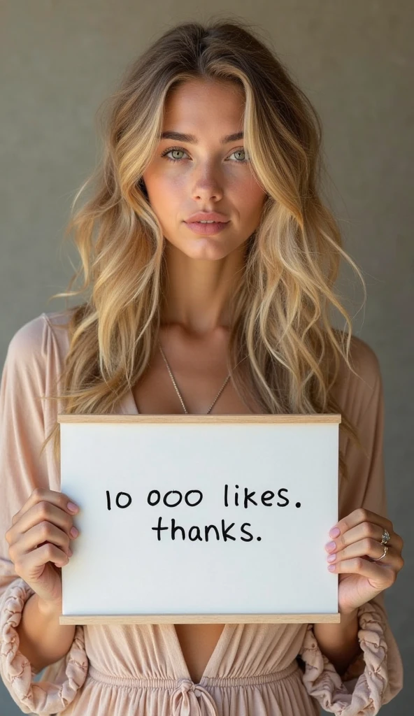 (best quality, ultra-detailed, photorealistic: 1.39), bright and vibrant colors, studio lighting, thank you card for 100 followers, hearts and kisses emoji, Yu-Gi-Oh style letter, purple details on the sides of the card, anime style, Anime, Cute girl with big round breasts, with sparkling blue eyes, she wears a black dress with snowflakes on the dress, her wavy blonde hair with beautiful bangs meets with the blowing wind, she holds a sign written a message of thanks