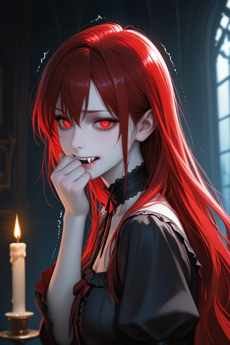 best quality, super_delicate, beautiful, 8k,red jacket, earrings, choker, concept, night, blood on face1:3, red eyes, harness, red lips white shirt, yellow eyes, cleavage, split-blue-red-hair
