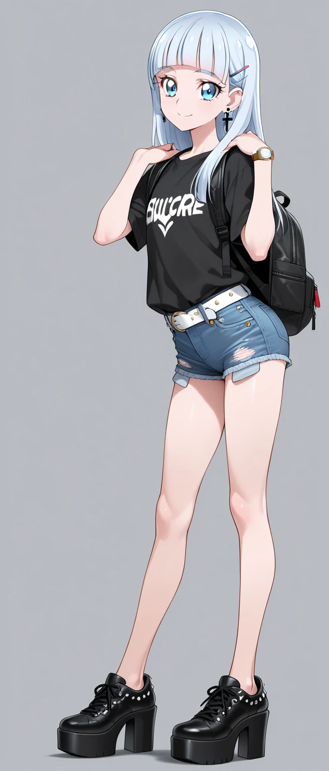 A blond haired cute anime male, brown eyes, short length blond messy hair, anime episode, wearing a black spaghetti strap males crop top, and a black jacket, feminine boy, soft personality, cute, wearing earrings, wearing black denim shorts, wearing black thigh highs, and black high heels, dynamic posing, anime TV series, anime screencap (cinematic lighting:1.2), masterpiece, best quality, very aesthetic, absurdres