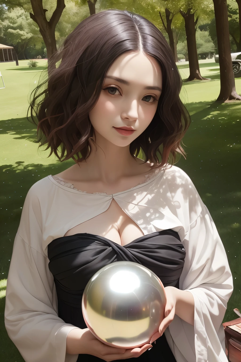 383 (20 year old woman),(short hair),(gentle smile),(high quality photos),( cinematic pictures playing on the lawn ),(colorful),(Crystal Ball),((contrast between light and shade)) ,(Da Vinci )