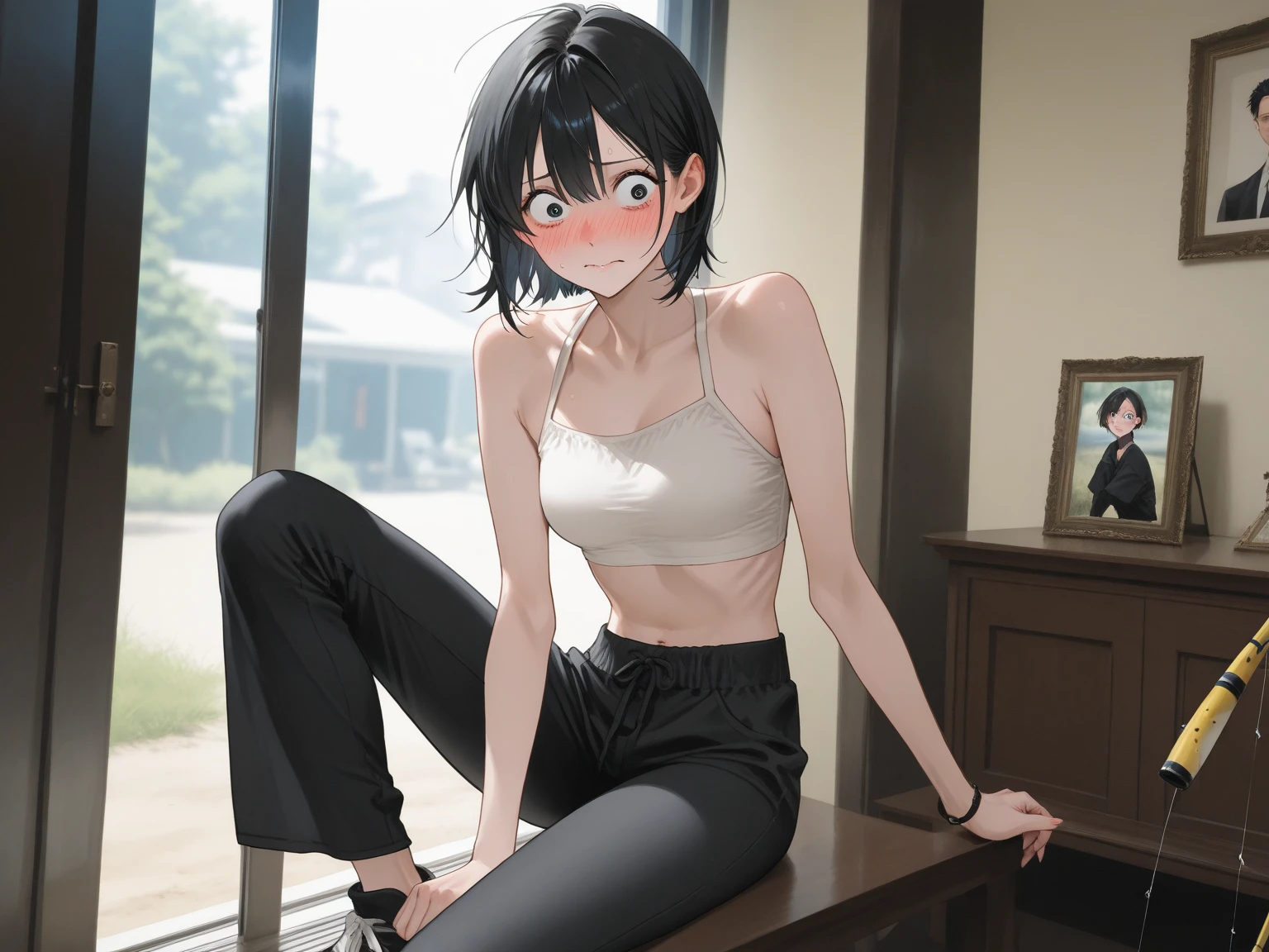 Visible bone spurs on the hip bone,The sides of the upper body are completely exposed,側面が完全に空いているデザインのSleeveless turtleneck,Exposed from the flank to the chest,Protruding ribs,Exposed waistline,Super low rise,Not wearing an inner layer、胸元が開いたデザインのSleeveless turtleneck,Exposed chest､Exposed flanks,sexy,Flat Chest,Focus on your audience,Very thin body,Anime Style,Slim figure,delicate,Glasses,Asian woman wearing a grey top posing on the stairs, Sleeveless turtleneck_Baggy, 脇が完全に開いているSleeveless turtleneck_Relaxed back design,rib cage,Side bust,Shoulders are wide open,sexyなWearing a crop top, Photos of slim models, Chiho, T-Top, shikamimi, Wearing a crop top, Real anime, Kurohime cut hair, Chassis, 2 4-year-old female model
