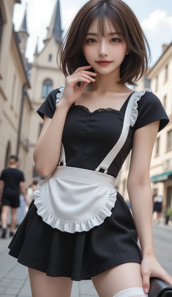 masterpiece,best quality,ultra highres,1girl,full body,fishnets,maid headdress,apron,<lora:4 (1):0.7>,JIMMY CHOO,outdoors,at the caf,