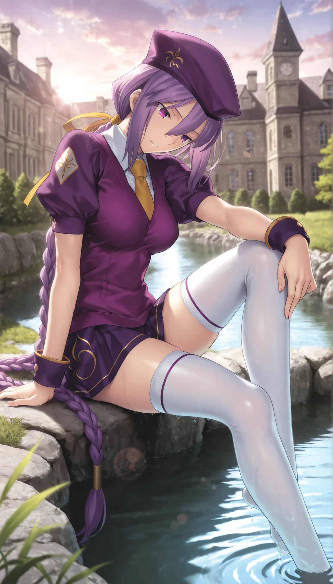 masterpiece, , absurdres, highres, detailed background, high resolution, masterpiece, necessary, detail, best quality, quality, necessary, details, High details, Precise, dark, outdoors, (mansion, ,river), lens flare, blurry background, (in water) ,from side,
1girl, Takeuchi Takashi (type-moon,tsukihime) style, takeuchi takashi style,, (aged up:1.5) ,((very long legs, slim legs)),sitting ,
girl, (slender body, slim arms, slim bod), (Sion) Eltnum (Atlasia) ,sion eltnam atlasia,(fate), purple hair , purple eyes, half-closed eyes, tsurime, hair between eyes ,long bang, long hair , braided hair , braided ponytail , yellow ribbon , EltnumOutfit ,small breasts, light purple sweater ,Juliet sleeve sweater , collared undershirt , white undershirt , undershirt , yellow necktie , short sleeve, , dark purple skirt , miniskirt , gold trim , white thighhighs , single glove , fingerless glove , black glove , dark purple beret , ,((head tilt)), looking down , touching leg,