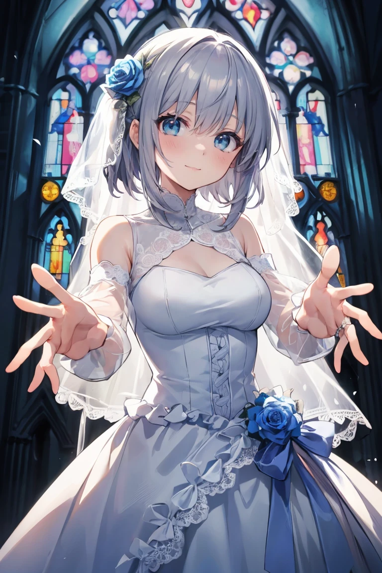 FuyutsukiKC,(Fuyutsuki) uniform,grey hair,
(masterpiece:1.4),(best quality:1.4), (premium:1.4), (great illustration:1.4), (ultra-detailed:1.4),(art CG, 8K), KonishiCSA,1girl,solo, 
(princess line wedding dress:1.4),(Happy Smile:1.4),(cry:1.2),KonishiCSA,church,Stained glass,holylight,

