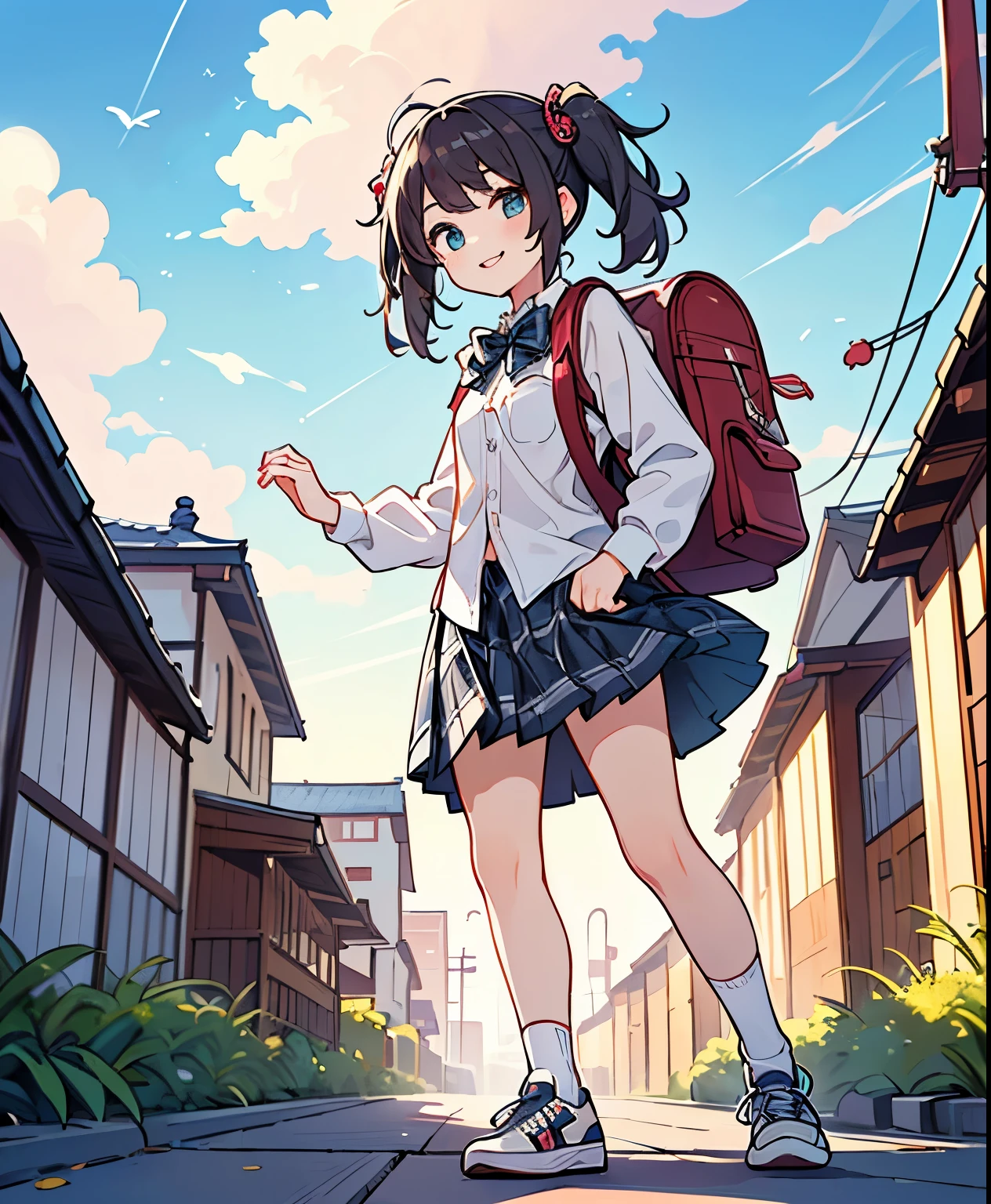 (masterpiece、最high quality、最high quality、Official Art、beautiful beautiful:1.2)、(1 girl on break day:1.3)Hatsune Miku、beautiful胸、light green twin tail、very detailed from below si, high quality, masterpiece, beautiful, Motion Trail, MotionTrail, solo, full body,(table top:1.3), beautiful顔, beautiful髪型, Detailed and beautiful eyes, beautiful肌, charm, Ultra A High Resolution, surreal, Very well detailed, Shining Eyes, (Faint lips:1.2), (A breeze of fresh air:1.3), (Medium messy hair, bungs:1.3), (standing, sidemap), (smile:1.2), ( white long sleeve button down shirt , black school ankle socks, Adidas_sneakers, Plaid Pleated Midi Skirt , School Bowtie:1.3), (rucksack:1.2),(Japanese Girl:1.2), (idol:1.3)、(uniform)、street, (ren'pants) ), Girl floats off smartphone screen