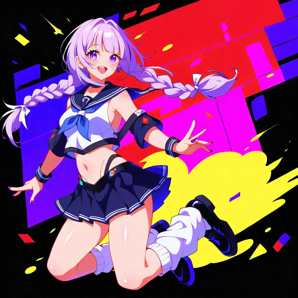((Highest quality)), ((masterpiece)), (detailed), image of anime video game character dressed in an outfit with a short skirt, 1girl, cheerleader, underwear, bike shorts, skirt, 独奏, breasts, black bike shorts, standing on one leg, open mouth, crop top, underboob, standing, pleated skirt, hair ornament, blush, thigh strap, black skirt, looking at viewer, multicolored hair, cameltoe, sweat, playground