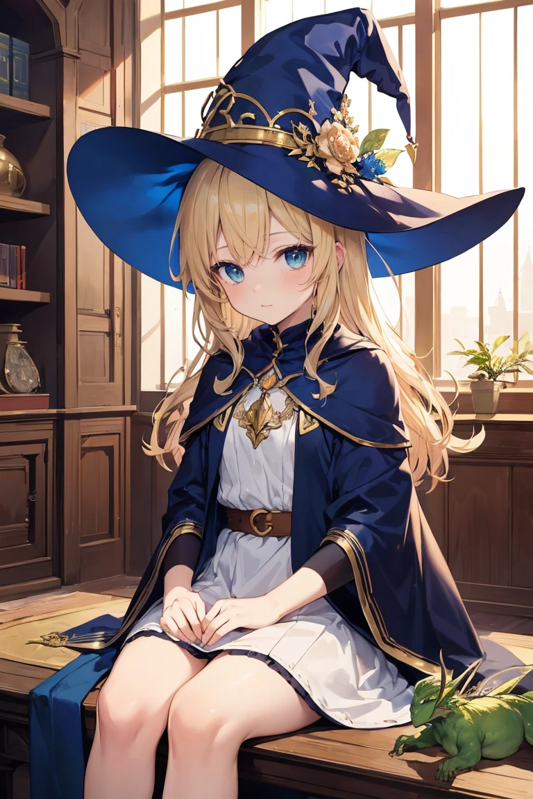 dark magician girl, masterpiece, best quality, (1girl), solo, (water), long hair, blonde hair, blue headwear, wizard hat, spell casting, castle, castle:2, motion blur, book, magic, (moonlight:1.2), chromatic aberration, depth of field, soft lighting, highly detailed face, highly detailed eyes,