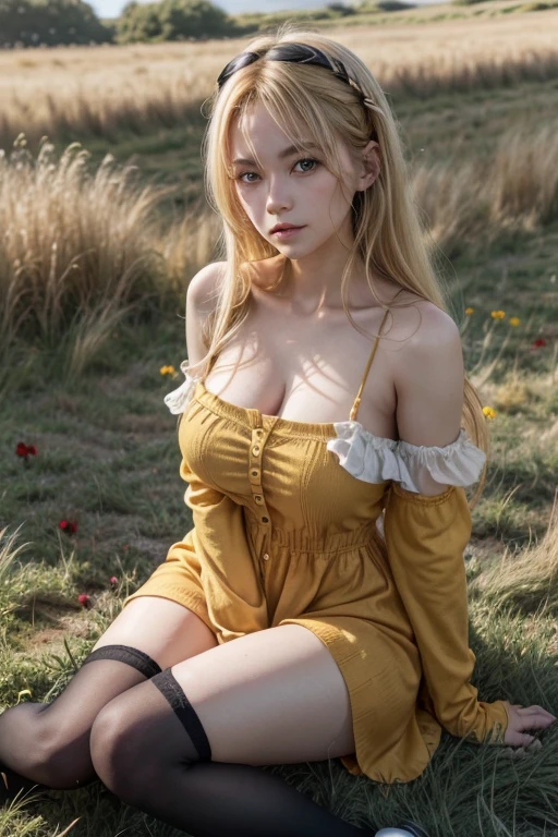 1girl in, Solo, Female, (Oshino_shinobu),(Blonde) (Blonde_hair), (yellow_hair), ((long_hair)), ((Bangs)), (yellow_Eyes), blush, Cute, Innocent face, spiky_Ears, (blush_a sticker), Flat_Chest, Dress, Bow, Bracelet, tusk, Holding_food, donut, inner strength, Eating, food, spark of light, sparkly eyes, Particle, Happy, toenails, Hands, Fingers, Hold Global Illumination, nffsw, Subsurface scattering, masutepiece, 4K, raytrace, Beautiful, sharp, Smooth skin, bloom, Anime Sunset, Nature, mountainscape, Clouds, tussock, Flowers, fireflys, lake