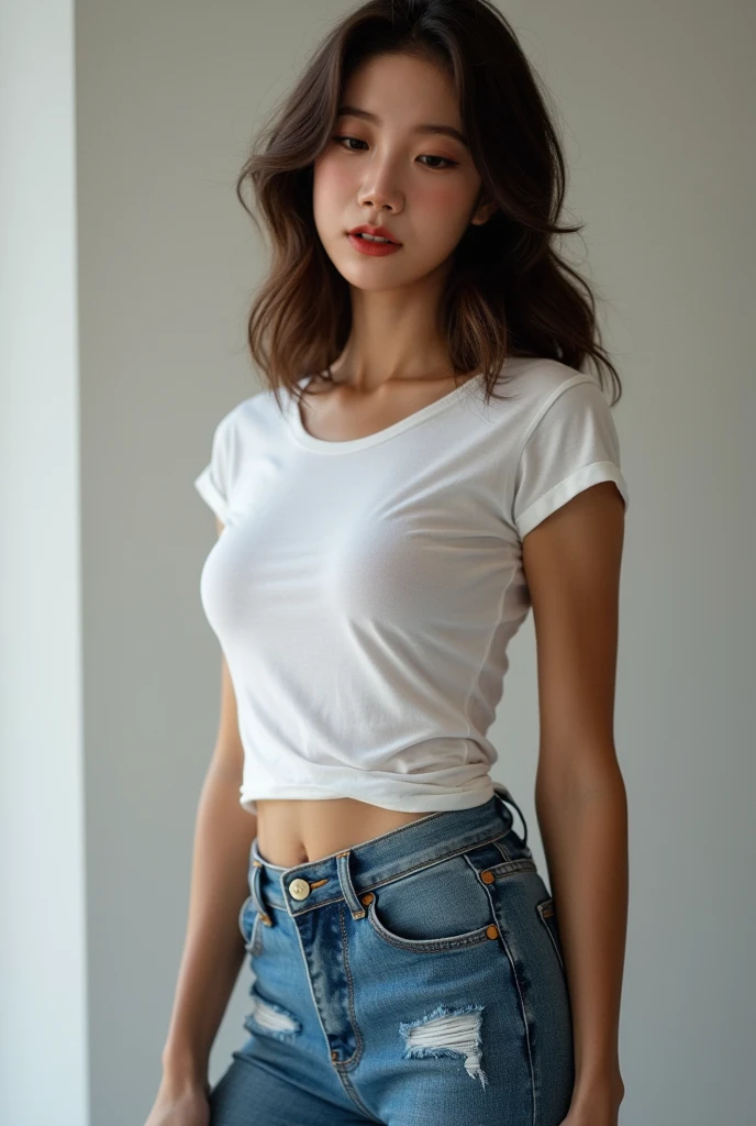 a cute tan chinese girl wearing glasses, jeans pants, white crop top, beautiful detailed eyes, beautiful detailed lips, extremely detailed face, long eyelashes, photorealistic, 8k, ultra-detailed, physically-based rendering, vivid colors, professional photography, high quality, masterpiece, photo-realistic, sharp focus, HDR