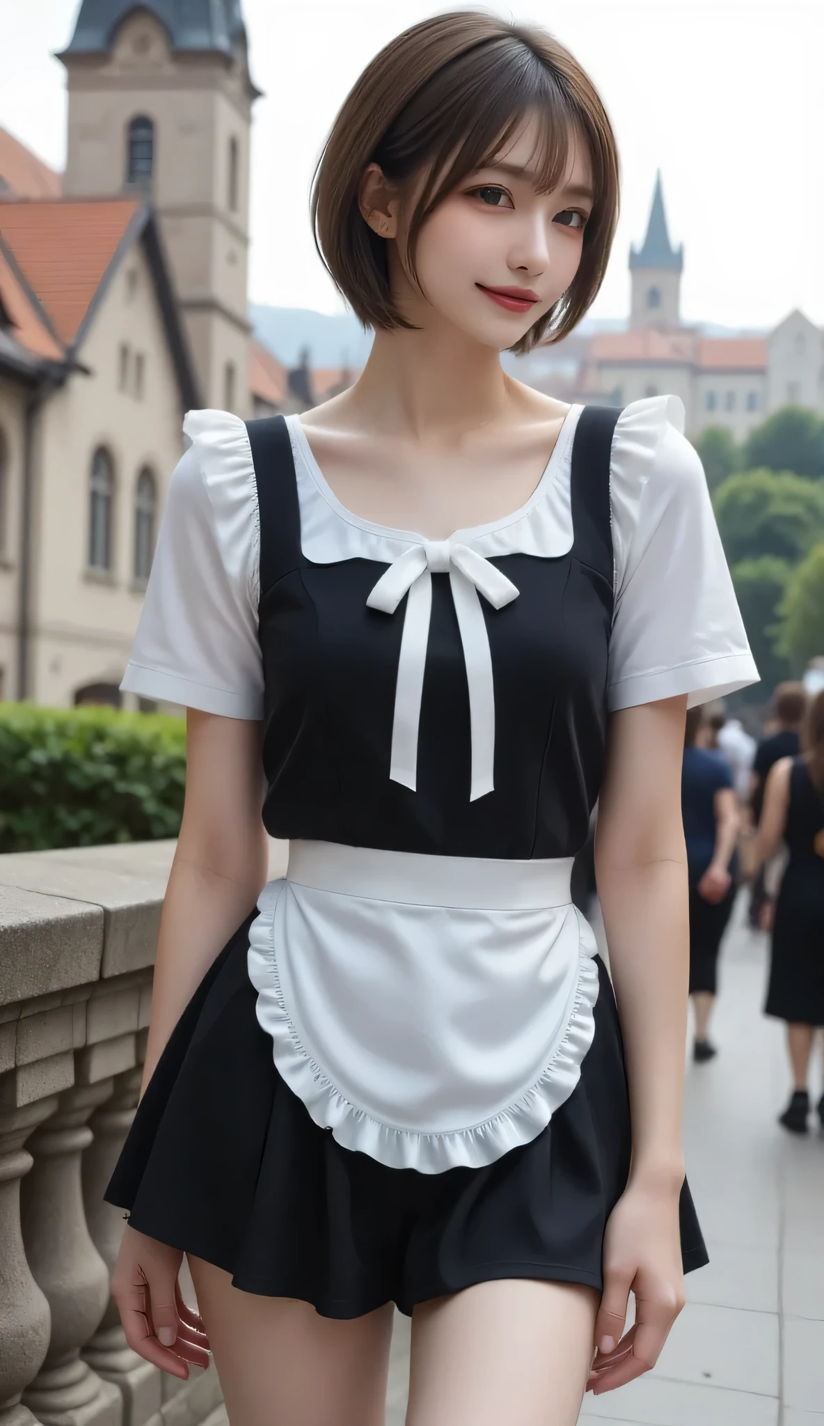 (cleavage looks bigger)(((frilldの沢山付いた豪華な白黒のクラシックMaids服、very short mini skirt))) (14 years old girl、a small face、Extremely beautiful face, natural make up)(fair white skin)(sparkly eyes、hanging eye makeup)1人,, Bright smile、face lights, Short Bob、Hair hanging over the ears、,round big breasts、Beautiful valley、thin-waist、large hips, kneehigh boots、Dress, frilld,,, interior of an old western house,(((Facing backwards、turned around、sticking out the buttocks)), shortsleeves, , Maids, Maidsエプロン, Puffy sleeves,、(((Medium full shot from behind)))Angle up to the knee
