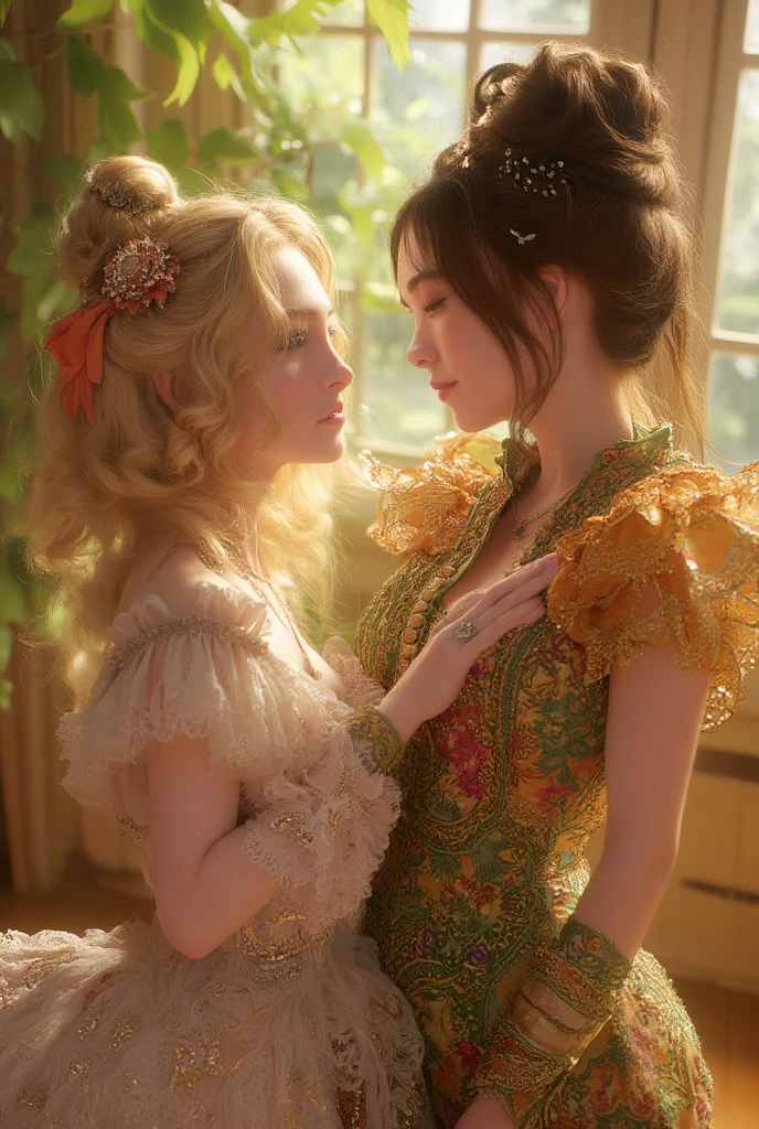 Full body shot, a Victorian female couple embracing on a veranda