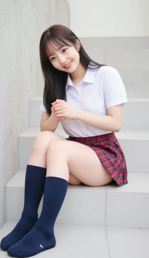 8k Raw Photo, , Nancy, momoland, nancymomoland, naked, nude, (170 centimeter height, medium breast), (perfect body, idol face, sensual smile), (unbuttoning long sleeve shirt, tie), (walking and lifting blue skirt high, long sock, showing (pussy, nipples, goodpussy1, BSP)), in a busy school stairs, full body shot, shot from below, flowing wind